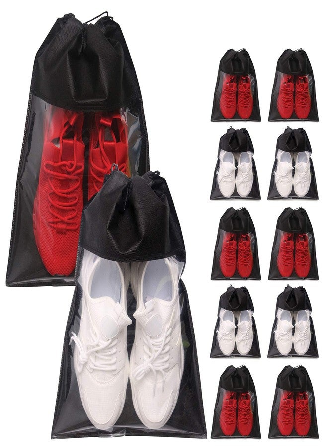 TENABORT 12 Pack Portable Shoe Bags for Travel Large Shoes Pouch Storage Organizer Clear Window with Drawstring for Men and Women Black - Image 1